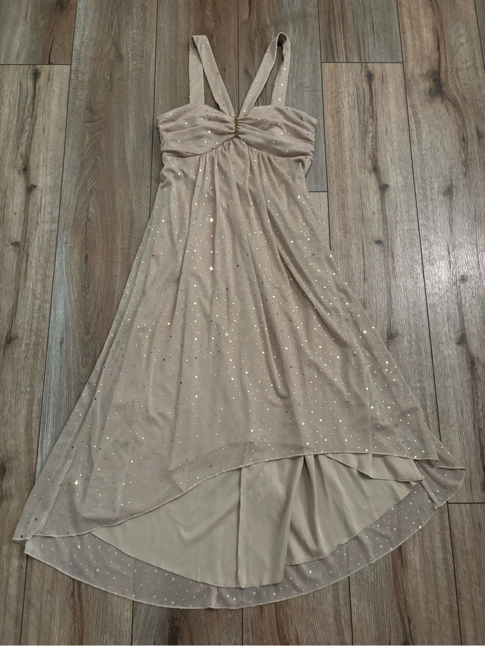 Vintage Y2K Nude Tan Gold Sequin Glitter Fairy Halter Dress by City Triangles